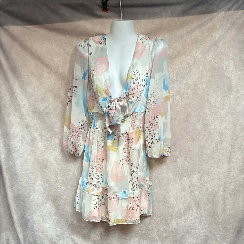 Pastel Tie-Front Abstract Print Mini Dress - Women
